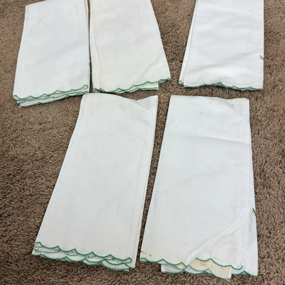 Vintage Mid Century Hand Embroidered Handmade Napkins Green White Floral Flowers